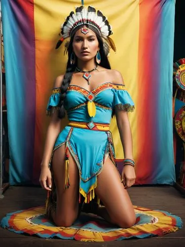 Beautiful, ultra-realistic coloured photo of the chief's daughter Pocahontas from a fairground show,a young woman in a costume poses in front of an indian theme,guelaguetza,peruvian women,amerindian,a