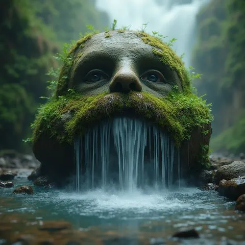 green waterfall,fountain head,druidic,water creature,ozark,druidism