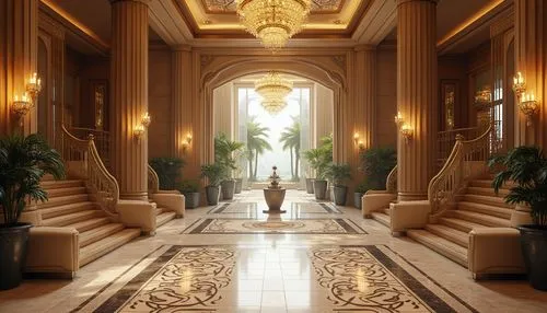 hallway,lobby,hotel lobby,art deco background,entrance hall,corridors,cochere,art deco,neoclassical,hallway space,corridor,3d rendering,entranceways,ballroom,render,marble palace,3d render,luxury hotel,ornate room,foyer,Photography,General,Realistic