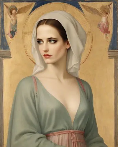 Actress Eva Green painted by Fra Angelico,mozzetta,magdalene,synagogal,semini,herodias,the prophet mary,portrait of christi,bouguereau,diodora,khnopff,marano,gugino,senhora,nothomb,evangelisti,laoghai