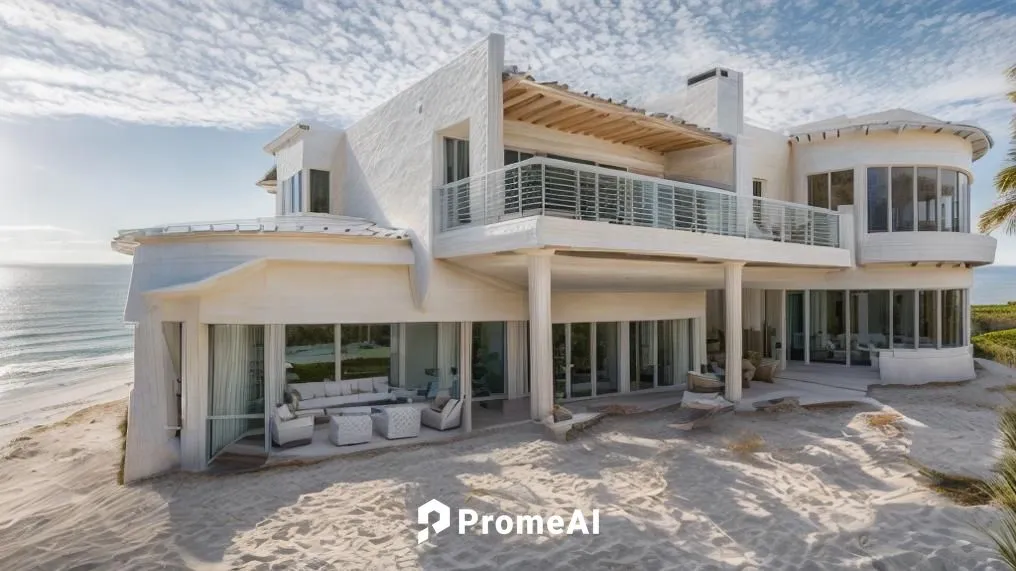 Nestled along the coastline of Florida, a breathtakingly beautiful White Stucco House Style with brown mix terracotta roof commands a panoramic view of the ocean, and large waves, perched majestically