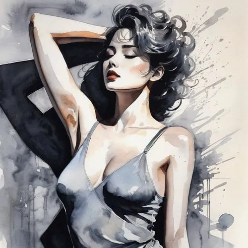 Create an intense and evocative portrait in the retro anime style of the 80s and 90s. The scene shows a woman bathed in a deep gray light, leaning against a wall with her arms raised and her eyes clos