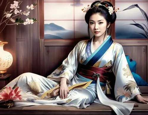 an asian woman sitting on a table with a vase of flowers and vase,hanfu,daiyu,gisaeng,guqin,goryeo,diaochan,Illustration,Realistic Fantasy,Realistic Fantasy 01