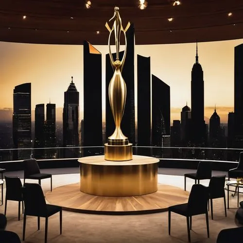 Luxury award ceremony, international design and architecture awards, grandeur stage, sleek modern chairs, elegant wooden tables, minimalist decorations, soft spotlighting, dramatic shadows, prestigiou