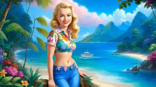 Romantic masterpiece oil painting, cute girl portrait, nostalgic 1950's style kitsch, vibrant rainforest landscape, lush tropical jungle paradise, scenery, by Thomas Kinkade, by Bob Ross, high res,mer