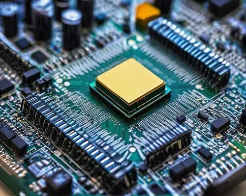 Microchip, 128-bit architecture, futuristic, metallic material, intricate circuitry, tiny transistors, delicate wires, complex structure, high-performance computing, motherboard, CPU core, cache memor