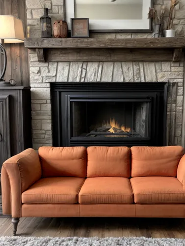 A rustic living room, orange sofa,loveseat,fireplaces,fire place,chaise lounge,mid century sofa,fireplace,settee,sofa set,sofa cushions,seating furniture,upholstery,parlour maple,murcott orange,soft f