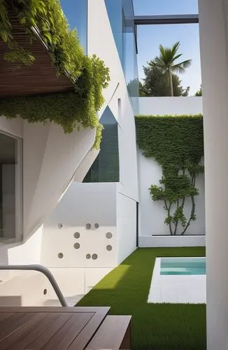 

Create a high-definition image of a modern two-story villa with a clean white facade, set in a lush garden. The villa should feature large floor-to-ceiling windows that reveal a chic, minimalist int