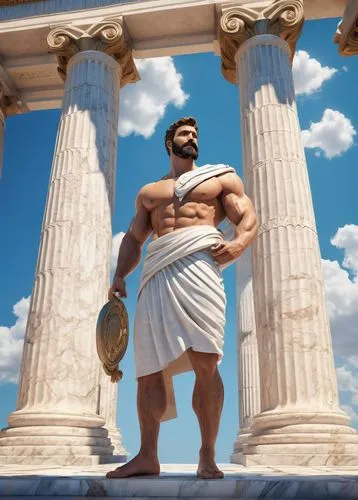 muscular man, Greek god, architect, white toga, laurel wreath, beard, mustache, holding a large tablet, pencil behind ear, standing in front of a grand ancient Greek temple, Corinthian columns, intric