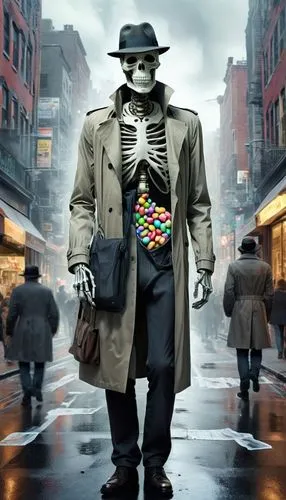 A surreal scene of a skeletal figure, Xray-man, walking leisurely down a bustling city street. He is chewing gum while wearing a trench coat and a fedora, his bones clearly visible through the skin. T