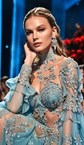 Fashion show ,a woman standing on a runway in a light blue dress,mastani,embellished,tahiliani,vaganova,margairaz,siriano,Photography,General,Realistic