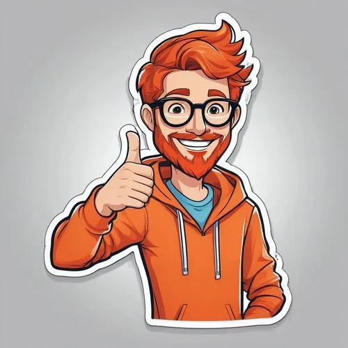 smiling man with red short beard in glasses, wearing orange hoodie, pointing finger on right, lineart cartoon sticker style with outline, white background




,telegram icon,flat blogger icon,vector i