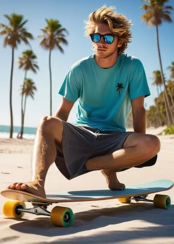 Longboard, lying down, relaxed pose, strong athletic legs, casual shorts, sunglasses, messy hair, beachside, sunny day, clear blue sky, palm trees swaying gently, white sand, calm ocean waves, surfboa