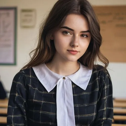 (20 years old, young:1.2)  A beautiful young girl with brunnet hair in a school. She is looking at the camera. A Masterpiece, best quality, relaxing, black socks, standing in classroom, Women's School