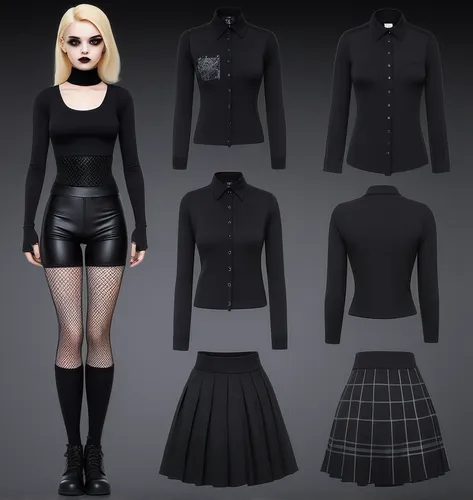 Paper doll goth blond haired girl in black sleeveless shirt ,black tight fit spandex shorts, complete full length fishnet and black gothic boot standing surrounded by with a set of goth fashion clothi