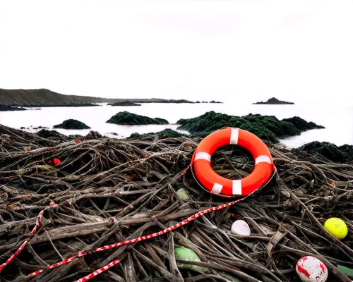 Polluted ocean, plastic waste, tangled seaweed, dead fish, oil spill, broken coral reef, rusty shipwreck, worn-out lifebuoy, faded beach balls, torn fishing nets, gloomy weather, overcast sky, low-key