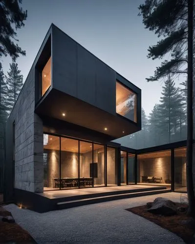 Modern defensive architecture, futuristic house design, angular walls, sharp edges, metallic materials, concrete foundation, large windows with steel frames, sliding glass doors, minimalist interior, 