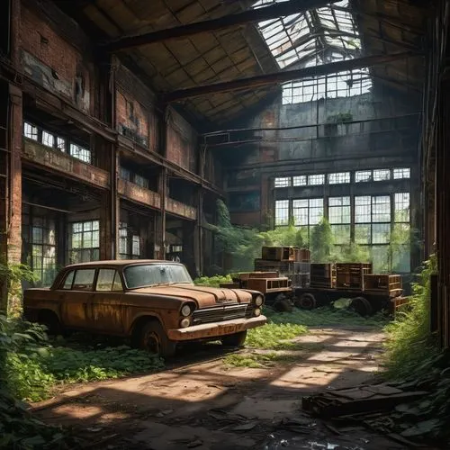 abandoned places,abandoned factory,rusty cars,industrial ruin,industrial hall,lost place,empty factory,old factory,abandoned car,brownfield,brownfields,salvage yard,industrial landscape,derelict,scrapyard,abandoned place,fabrik,abandoned,old abandoned car,lost places,Art,Classical Oil Painting,Classical Oil Painting 04