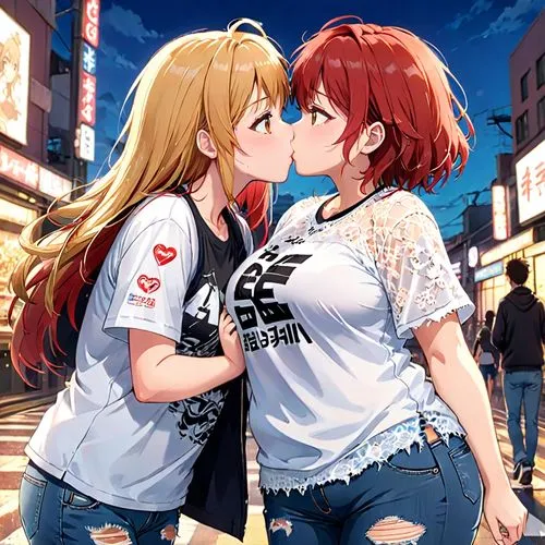 love live,girl kiss,two girls,redheads,shibuya,hand in hand,shinjuku,hands holding,shibuya crossing,kiss,cheek kissing,making out,premium shirt,jinrikisha,e85,darjeeling,girlfriends,would a background,anime japanese clothing,shirt,Anime,Anime,Realistic