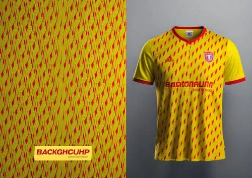 t shirt jersey team mockup yellow and red color ,this jersey and uniform are sitting on a stand,nordsjaelland,jagiellonia,herediano,colchoneros,umbro,monarcas,Photography,General,Realistic