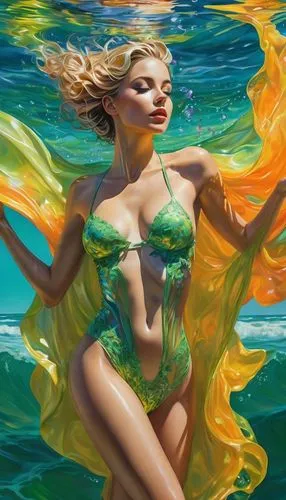 a painting of a woman wearing a bikini and water in her hand,bodypainting,sirena,fantasy art,sirene,neon body painting,body painting