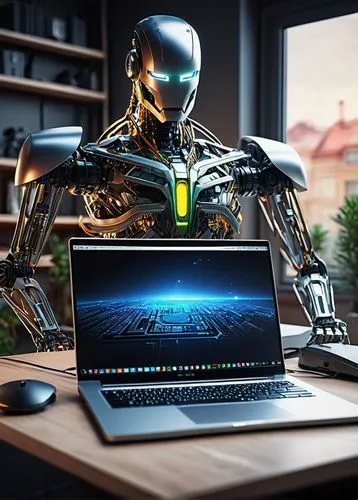 Modern laptop, sleek aluminum body, glowing LED keyboard, futuristic circuit board, complex CPU architecture diagram, coding lines on screen, 3D motherboard model, robotic arm assembling PC parts, wir