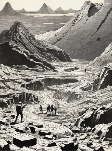 the glacier,fossil dunes,gorner glacier,glaciers,glacial landform,morteratsch glacier,ice landscape,icelanders,lunar landscape,grosser aletsch glacier,cool woodblock images,haifoss,badlands,guards of the canyon,thermokarst,view of the glacier,ice planet,gerlitz glacier,mountainous landforms,karst landscape,Illustration,Black and White,Black and White 26