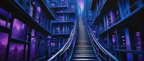 Ethereal skyscraper, futuristic cityscape, optical illusion, impossible geometry, M.C. Escher-inspired, staircases merging into infinity, buildings twisting in mid-air, mirrored reflections, symmetric