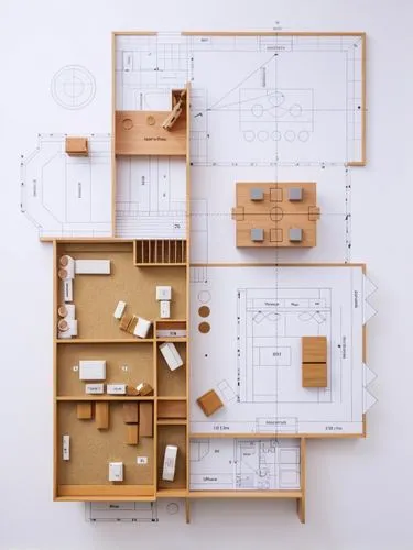 Ein Architekurmodell auf dem Schreibtisch eines Architekten,a book shelf with drawings and furniture on it,floorplans,floorplan home,house floorplan,floorplan,habitaciones,architect plan,Photography,G