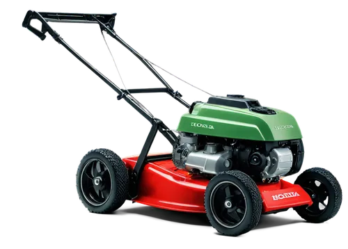 Lawn mower, green grass, Honda brand, red body, black wheels, sharp blades, detailed engine, gasoline tank, ergonomic handle, adjustable cutting height, morning dew, soft sunlight, 3/4 composition, sh