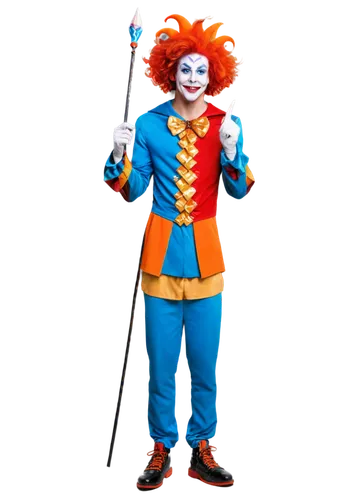 colorful jester, cartoon character, solo, (18yo), exaggerated facial expression, bright orange wig, white face paint, red nose, colorful diamond pattern costume, oversized shoes, holding a jesters sta