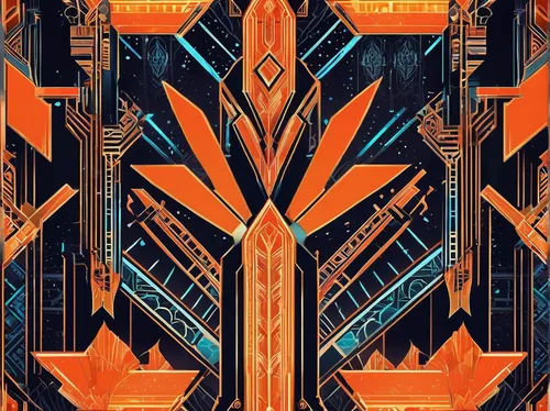 Describe a futuristic city where buildings are illuminated with neon orange lights, reminiscing the color of a peppered orange.,portal,art deco background,art deco ornament,art deco border,abstract re