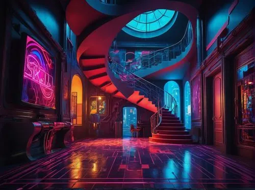 suspiria,lair,ufo interior,hallway,nightclub,3d fantasy,staircase,spaceship interior,ornate room,stairway,corridors,art deco,3d render,sanctum,stairwell,staircases,lachapelle,vertigo,upstairs,obscura,Conceptual Art,Sci-Fi,Sci-Fi 26