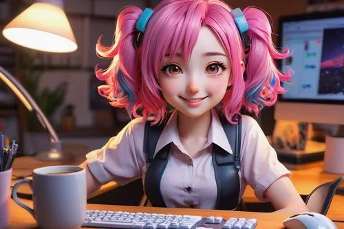 anime 3d,girl at the computer,b3d,3d model,kotobukiya,character animation,3d rendered,blur office background,anime girl,girl studying,animator,anime cartoon,3d modeling,3d figure,3d render,kawaii,cute cartoon character,office worker,luka,pink hair,Conceptual Art,Fantasy,Fantasy 18