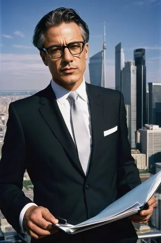 A mature businessman, 40s, wearing glasses, black suit, white shirt, tie, holding a folder, standing in front of a skyscraper, cityscape, sunny day, clear blue sky, few clouds, birds flying, subtle sh