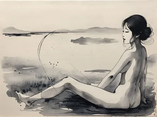 hoshihananomia,etty,mcginnis,ink painting,girl in a long,girl drawing,selene,kimoto,moon phase,dione,takimoto,naiad,foujita,melancholia,girl with speech bubble,girl on the dune,okimoto,delaughter,sakimoto,ugetsu,Illustration,Paper based,Paper Based 30