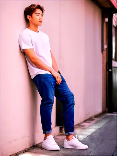 Young men, athletic build, short hair, casual wear, jeans, white T-shirt, sneakers, relaxed posture, leaning against wall, urban setting, natural light, shallow depth of field, warm color tone, cinema