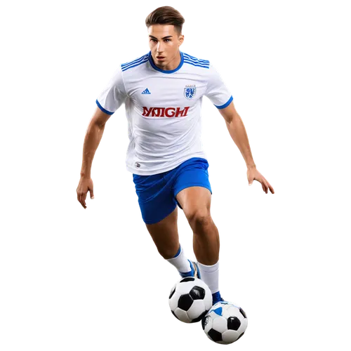 Football player, athletic male, muscular body, white jersey, blue shorts, soccer ball at feet, dynamic pose, running, kicking, stadium background implied, dramatic lighting, high contrast, shallow dep