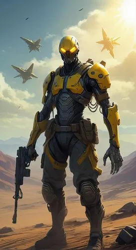 alien like dystopian future soldier with yellow mystic energy liquid flows around its upper body, the gear is futuristic high tech ,a sci fi dystopian futuristic soldier standing in the desert, with a