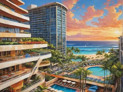 Honolulu, Hawaii, Waikiki Beach, WCIT architecture, modern skyscraper, glass and steel structure, reflective windows, curved lines, rooftop pool, luxurious balcony, tropical plants, palm trees, floral