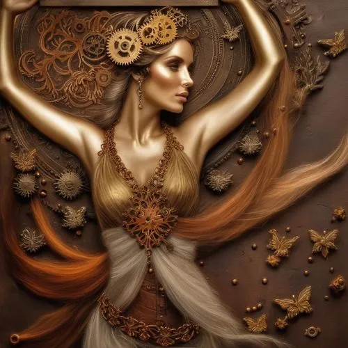 steampunk gears,fractals art,golden wreath,art deco woman,decorative figure,the enchantress,fantasy art,girl with a wheel,clockmaker,gold filigree,faery,steampunk,faerie,biomechanical,priestess,fracta