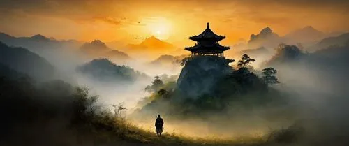 a man is walking on a grassy hill with a pagoda in the distance,wudang,inner mongolian beauty,mongolia eastern,buddhists monks,yangshao,yunnan