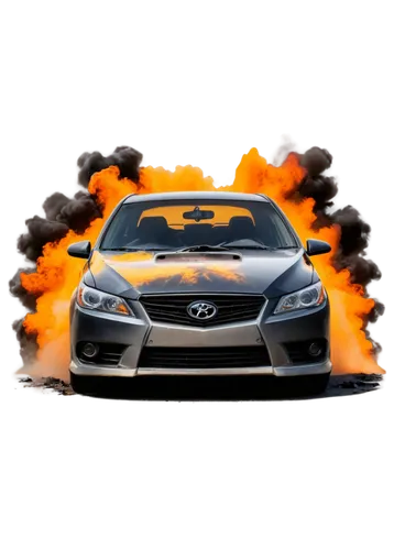 Crashed car, damaged bumper, shattered windshield, broken headlight, twisted metal, smoke rising, flames engulfing, realistic explosion, loud crash sound effect, morning mist, soft focus, cinematic co