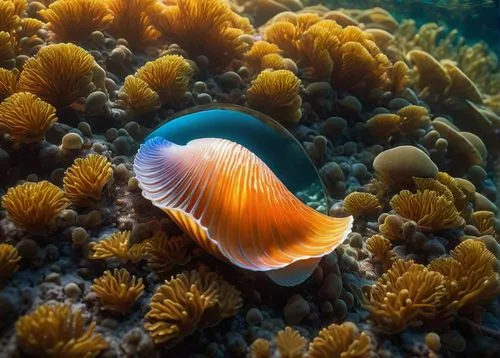 Underwater, clam, shell open, pearl inside, detailed textures, shiny surface, ocean floor, coral reef, seaweed, schools of small fish, sunlight filtering down, gentle waves, 3/4 composition, soft focu