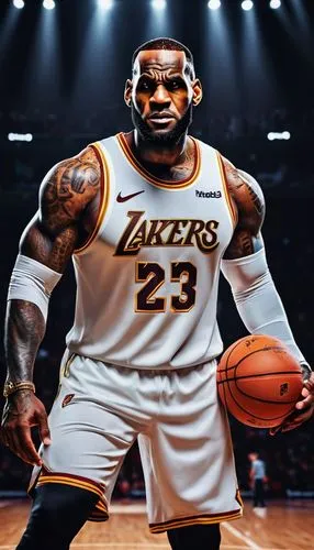 Muscular man, LeBron James, basketball player, confident posture, athletic build, serious facial expression, sweat dripping from forehead, basketball jersey, shorts, sneakers, intense gaze, dynamic mo