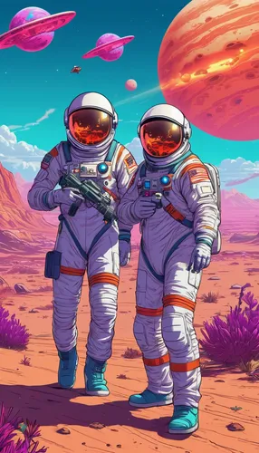 Imagine a sci-fi adventure where a team of astronauts encounter a mischievous wugo on a distant planet.,astronauts,mission to mars,red planet,space walk,nasa,space voyage,spacesuit,astronautics,planet