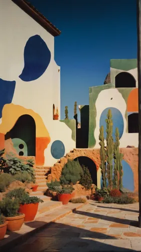 pioneertown,albuquerque,marrakesh,public art,painted block wall,tucson,dutchman's-pipe cactus,marrakech,tiles shapes,desert plants,wild west hotel,1967,mid century modern,mural,tijuana,60s,san pedro d