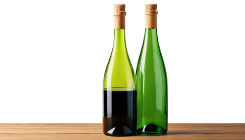 Wine bottle, green glass, cork stopper, golden label, curved body, narrow neck, transparent contents, condensation droplets, wooden table, dim lighting, still life, soft focus, warm color tone, shallo