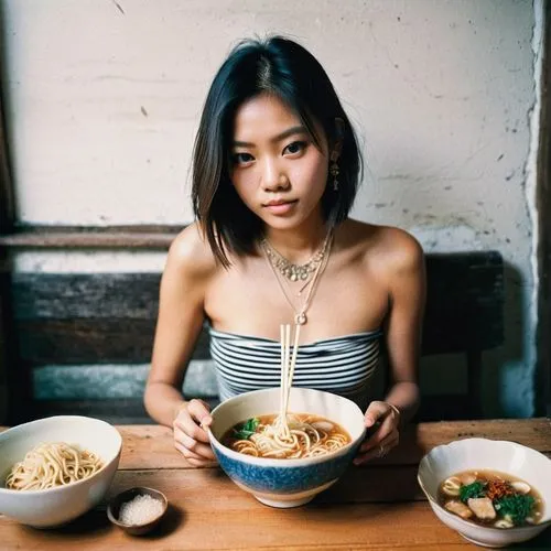 1girl, bare shoulders, bowl, chopsticks, food, indoors, jewelry, necklace, noodles, off shoulder, photo \(medium\), ramen, sitting, solo, striped,noodle bowl,noodle soup,yaka mein,thai noodle,girl wit