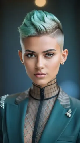 face model, suit, Mohawk haircut with shaved sides,face model, suit, Mohawk green haircut with shaved sides,bjd,koichi,derivable,pompadour,maeve,rohan,Photography,General,Cinematic